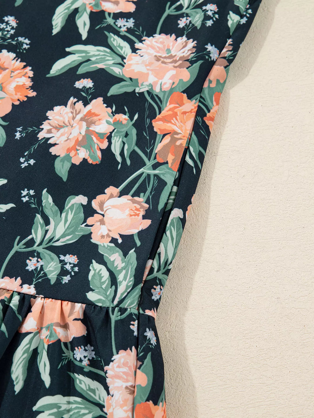 Floral Print Striped Trim V Neck Long Sleeve Ruffle Hem Shift Mini Dress - Trendsi - Flyclothing LLC