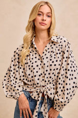 BiBi Polka Dot Print Tie Hem Detail Crop Shirt - Trendsi - Flyclothing LLC
