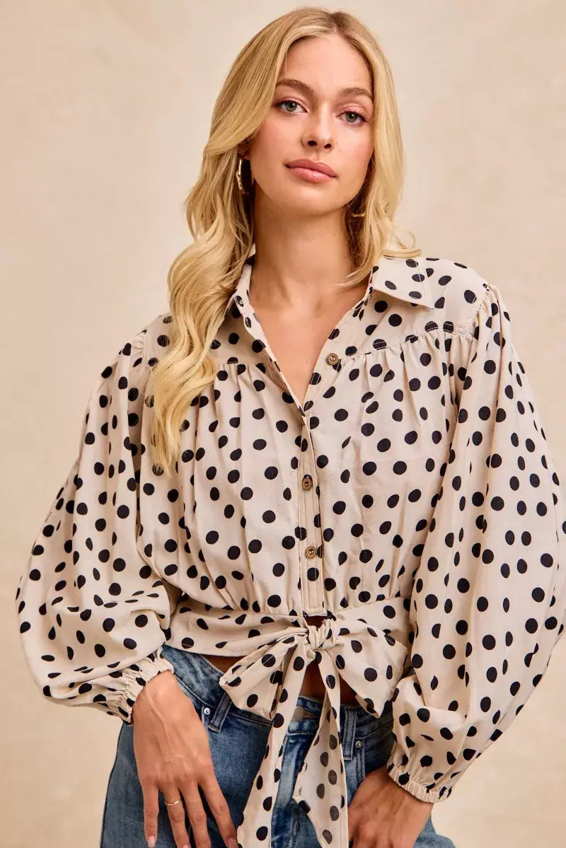 BiBi Polka Dot Print Tie Hem Detail Crop Shirt - Trendsi - Flyclothing LLC