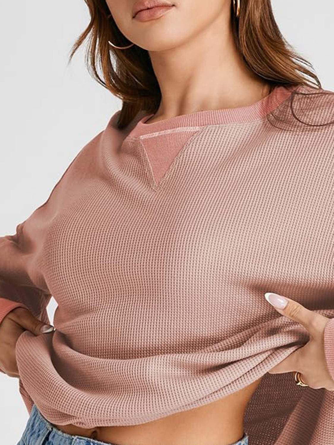 Waffle Knit Round Neck Long Sleeve T-Shirt - Trendsi - Flyclothing LLC