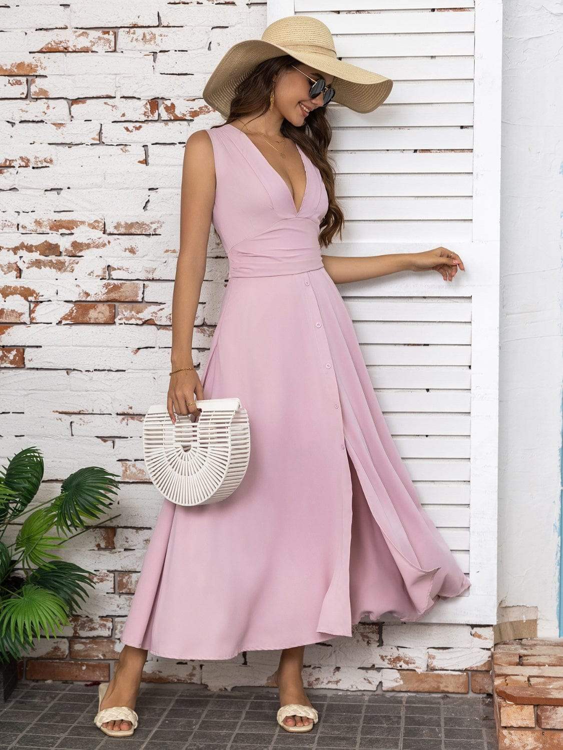 Full Size Slit V-Neck Sleeveless Midi Dress - Trendsi - Flyclothing LLC