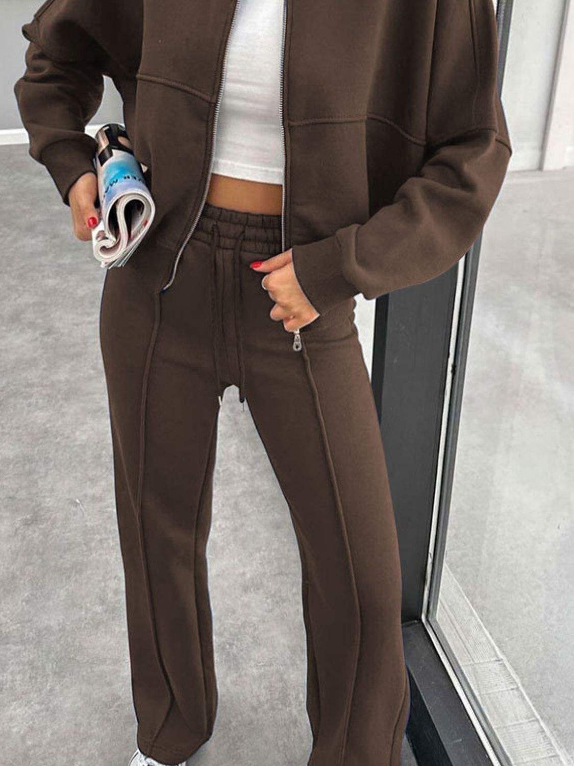 Baseball Collar Zip Up Outerwear and Drawstring Pants Set - Trendsi - Flyclothing LLC