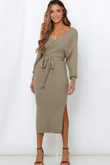 Surplice Neck Bow Waist Slit Sweater Dress - Trendsi - Flyclothing LLC