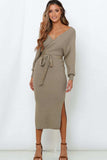 Surplice Neck Bow Waist Slit Sweater Dress - Trendsi - Flyclothing LLC