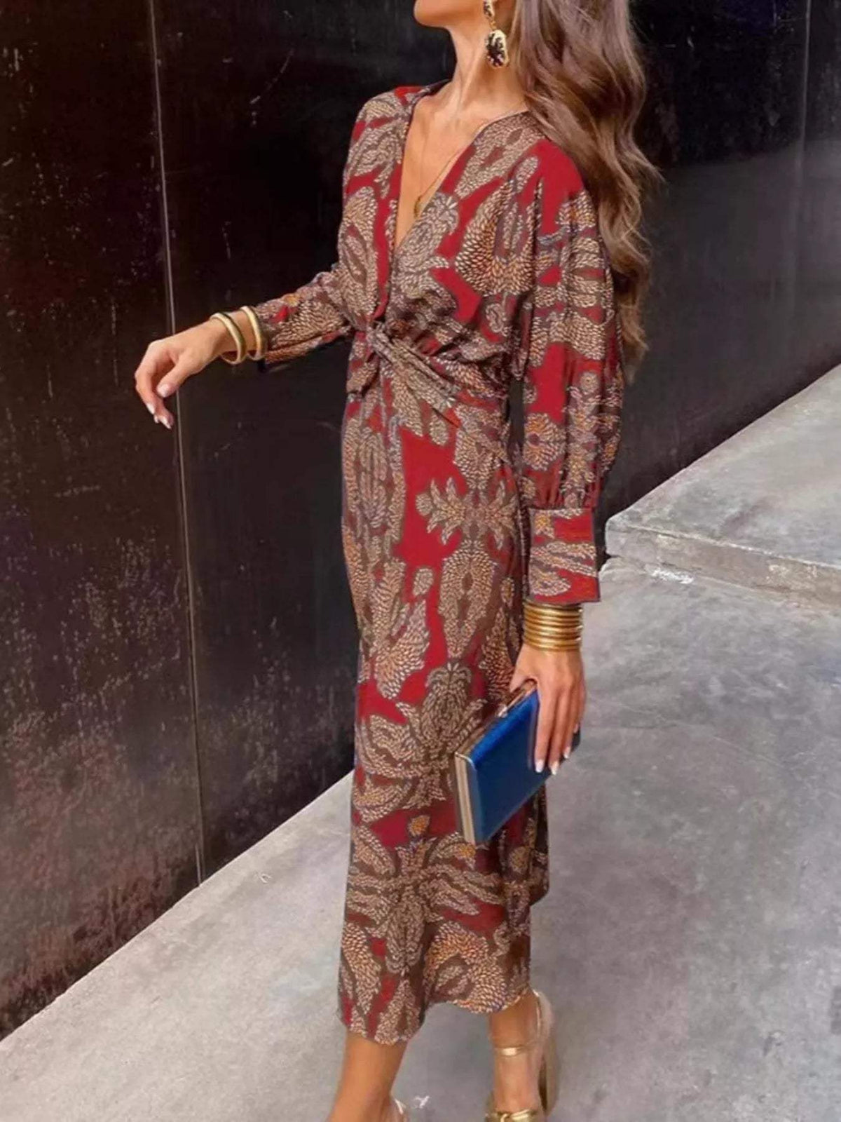Full Size Printed V-Neck Long Sleeve Twisted Midi Dress Plus Size - Trendsi - Flyclothing LLC
