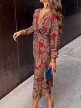 Full Size Printed V-Neck Long Sleeve Twisted Midi Dress Plus Size - Trendsi - Flyclothing LLC