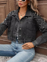 Pearl Embellished Cropped Denim Jacket - Trendsi - Flyclothing LLC