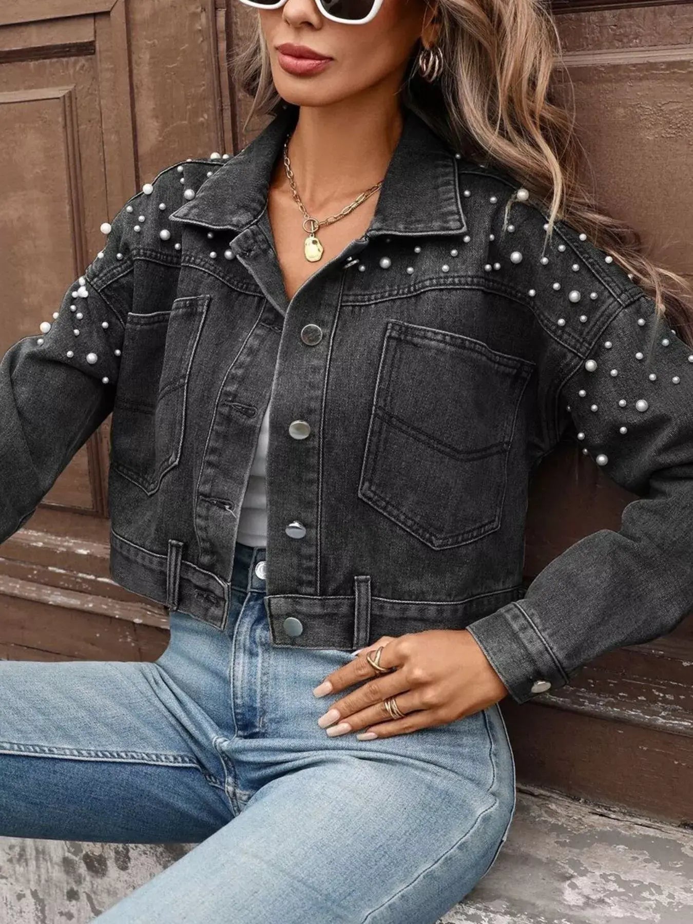 Pearl Embellished Cropped Denim Jacket - Trendsi - Flyclothing LLC