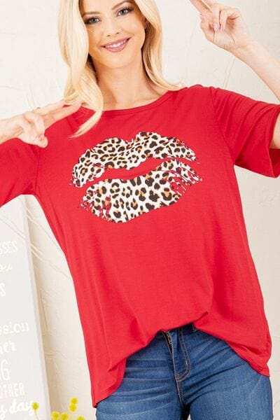 Heimish Full Size Leopard Lip Round Neck Short Sleeve T-Shirt Plus Size - Trendsi - Flyclothing LLC