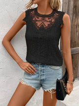 Lace Detail Eyelet Round Neck Tank - Trendsi - Flyclothing LLC