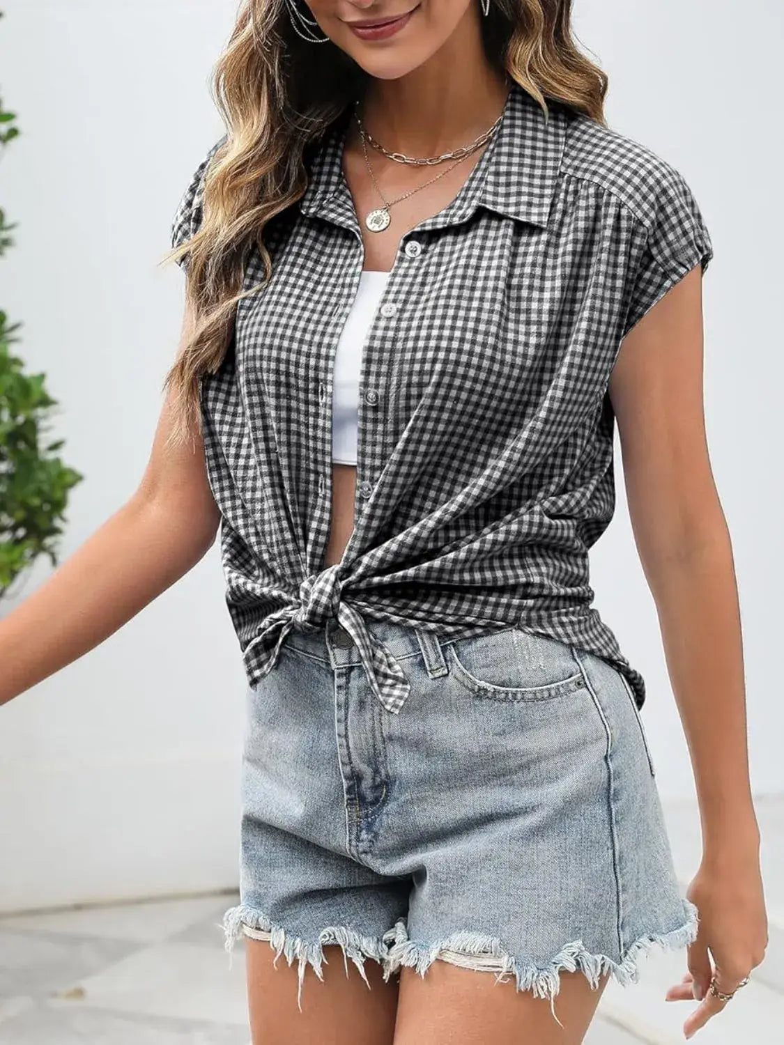 Plaid Button Up Cap Sleeve Shirt - Trendsi - Flyclothing LLC