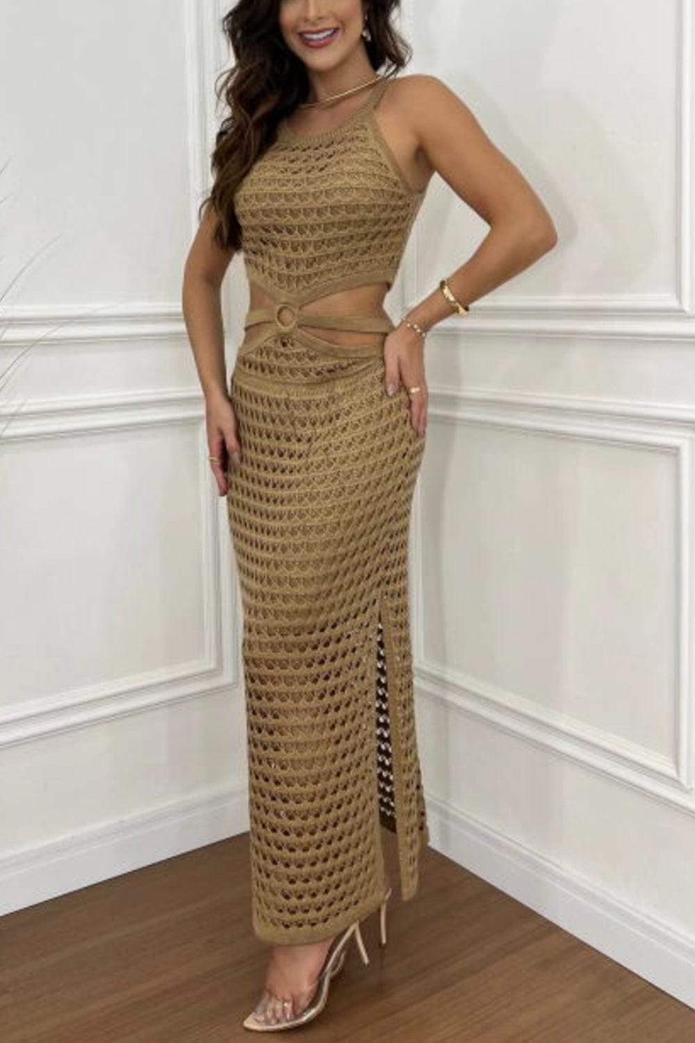 Cutout Slit Round Neck Sweater Dress - Trendsi