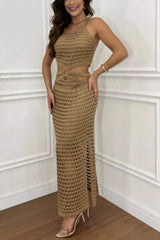 Cutout Slit Round Neck Sweater Dress - Trendsi - Flyclothing LLC