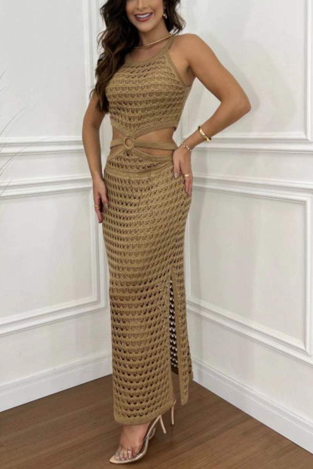 Cutout Slit Round Neck Sweater Dress - Trendsi - Flyclothing LLC