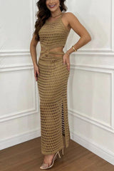 Cutout Slit Round Neck Sweater Dress - Trendsi