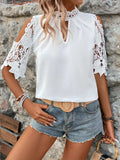 Lace Mock Neck Cold Shoulder Blouse - Trendsi - Flyclothing LLC