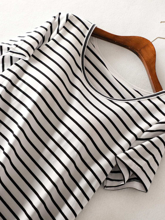Striped Round Neck Short Sleeve Dress - Trendsi - Flyclothing LLC