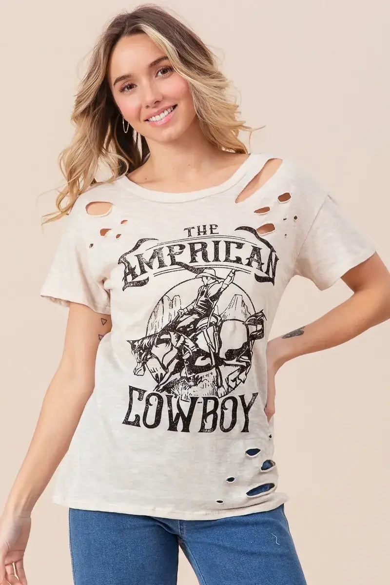 BiBi Cotton Slub Laser Top American Cow Boy Graphic - Trendsi - Flyclothing LLC