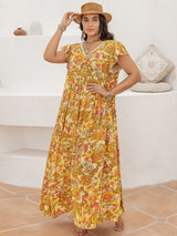 Plus Size Printed V-Neck Flutter Sleeve Tie Waist Maxi Dress - Trendsi - Flyclothing LLC