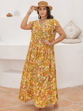 Plus Size Printed V-Neck Flutter Sleeve Tie Waist Maxi Dress - Trendsi