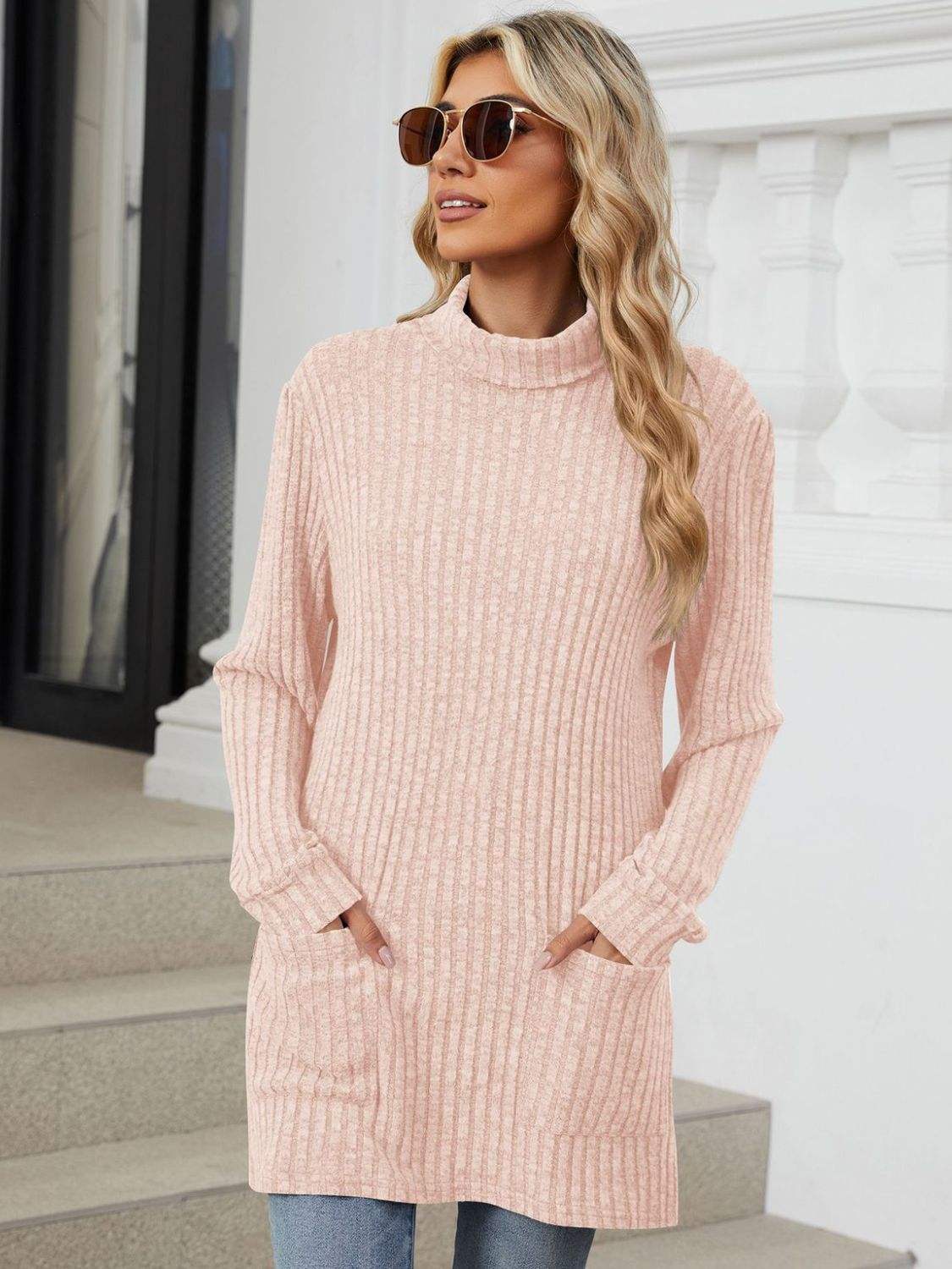 Ribbed Mock Neck Long Sleeve T-Shirt - Trendsi - Flyclothing LLC