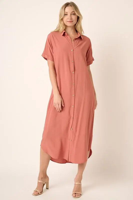 Mittoshop Collared Neck Dolman Short Sleeve Midi Shirt Dress - Trendsi - Flyclothing LLC