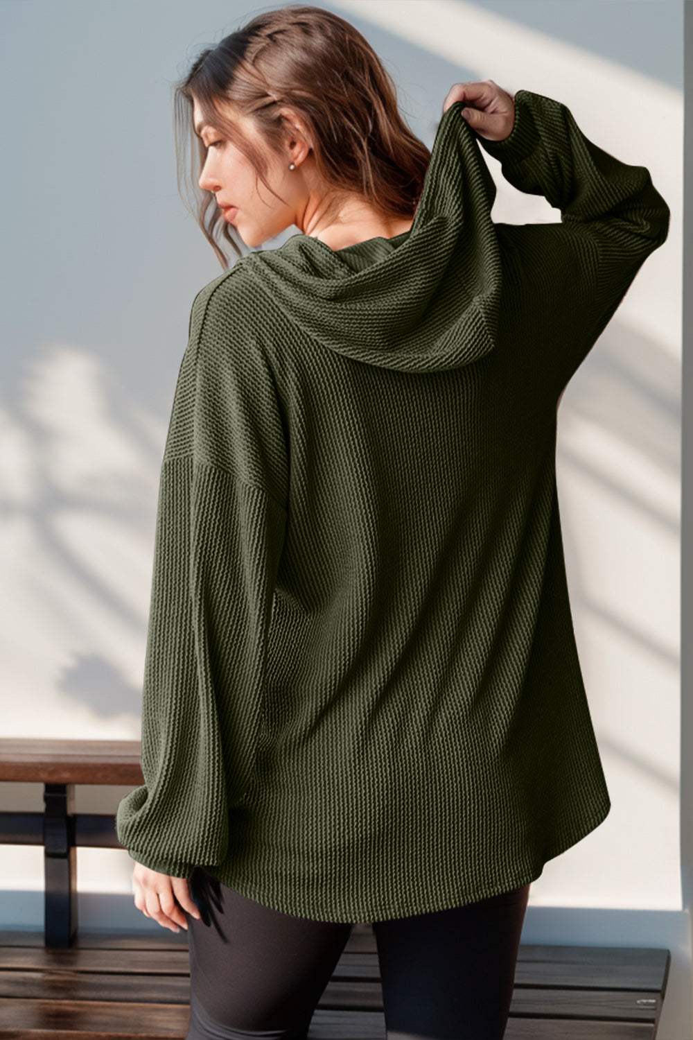 Double Take Full Size Half Button Long Sleeve Hoodie - Trendsi - Flyclothing LLC