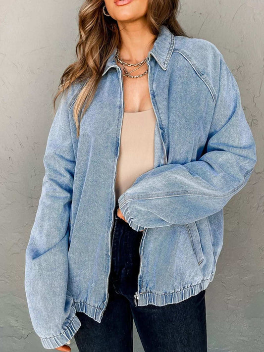 Elastic Edge Collared Zip Up Denim Jacket With Pocket - Trendsi - Flyclothing LLC