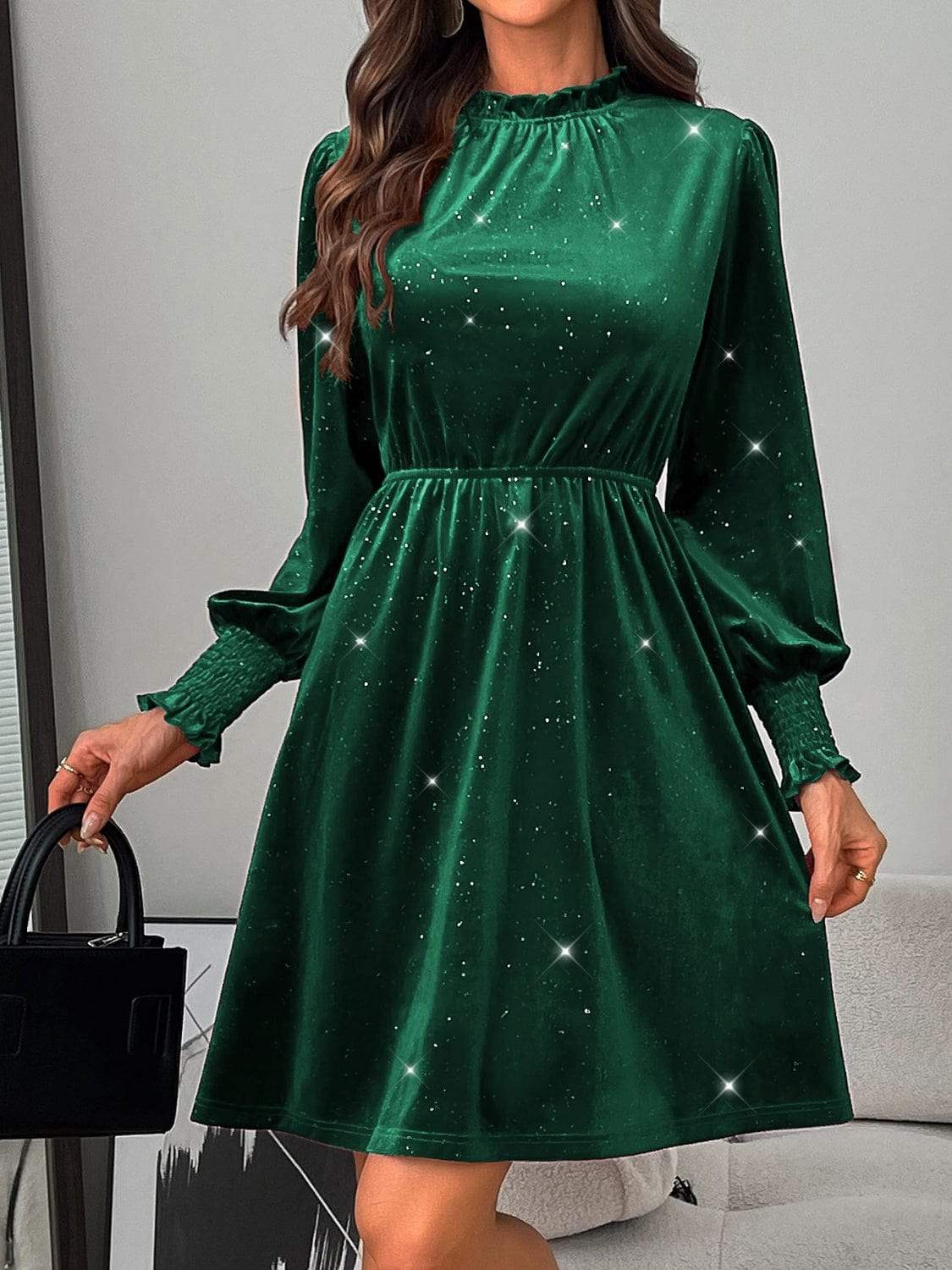 Glitter Mock Neck Long Sleeve Mini Dress - Trendsi - Flyclothing LLC