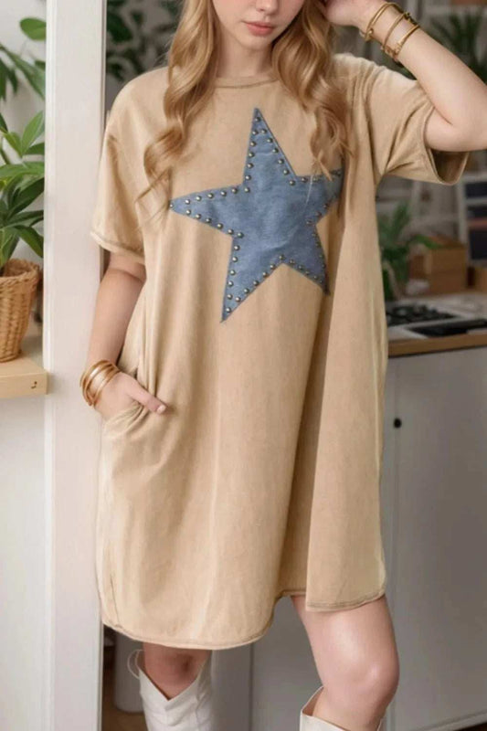 Mineral Wash Stud Beaded Star Pocketed T Shirt Dress - Trendsi - Flyclothing LLC