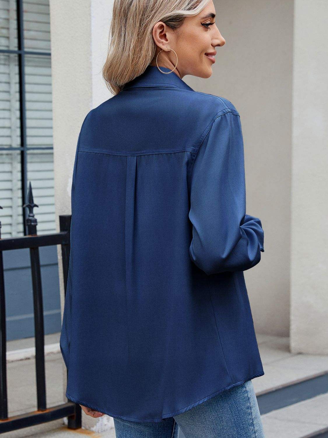 Solid Color Collared Neck Long Sleeve Shirt - Trendsi - Flyclothing LLC