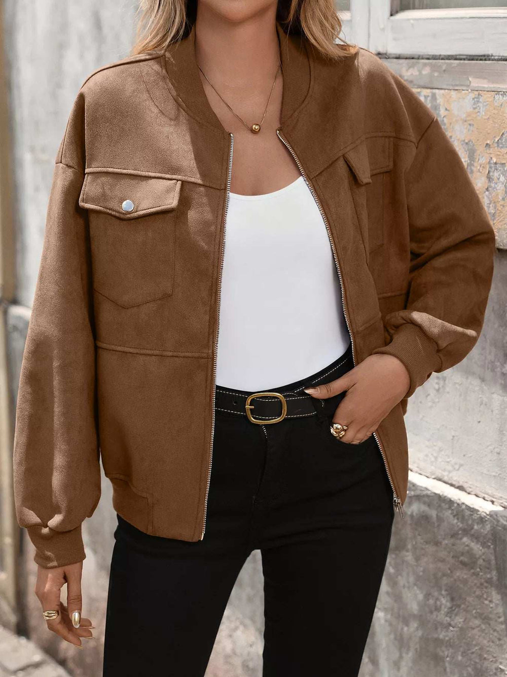 Zip Up Dropped Shoulder Jacket - Trendsi - Flyclothing LLC