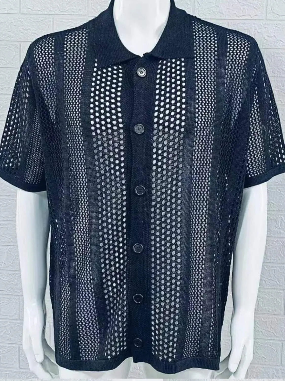 Men's Button Down Collared Neck Hollow Out Shirt - Trendsi - Flyclothing LLC