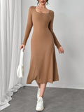 Square Neck Long Sleeve Midi Wrap Dress - Trendsi
