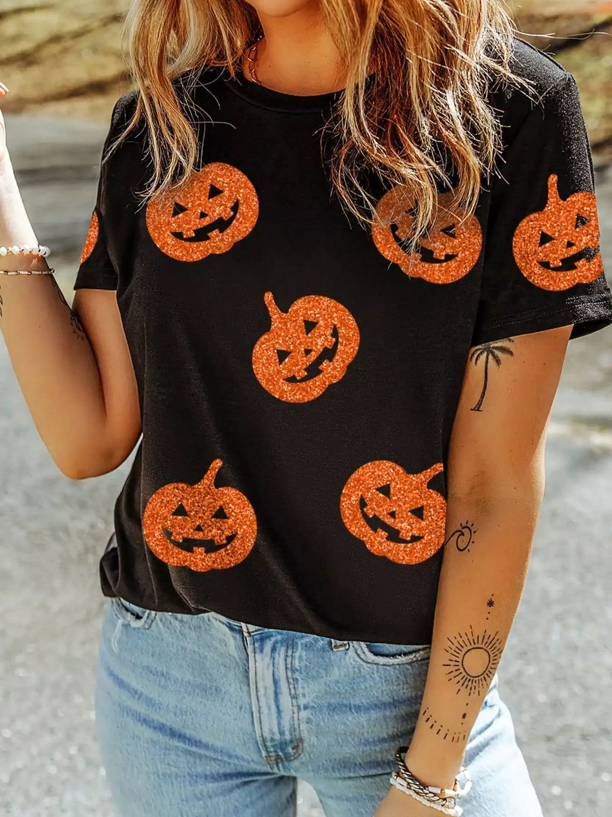 Glittering Pumpkin Face Crewneck Halloween T Shirt - Trendsi - Flyclothing LLC