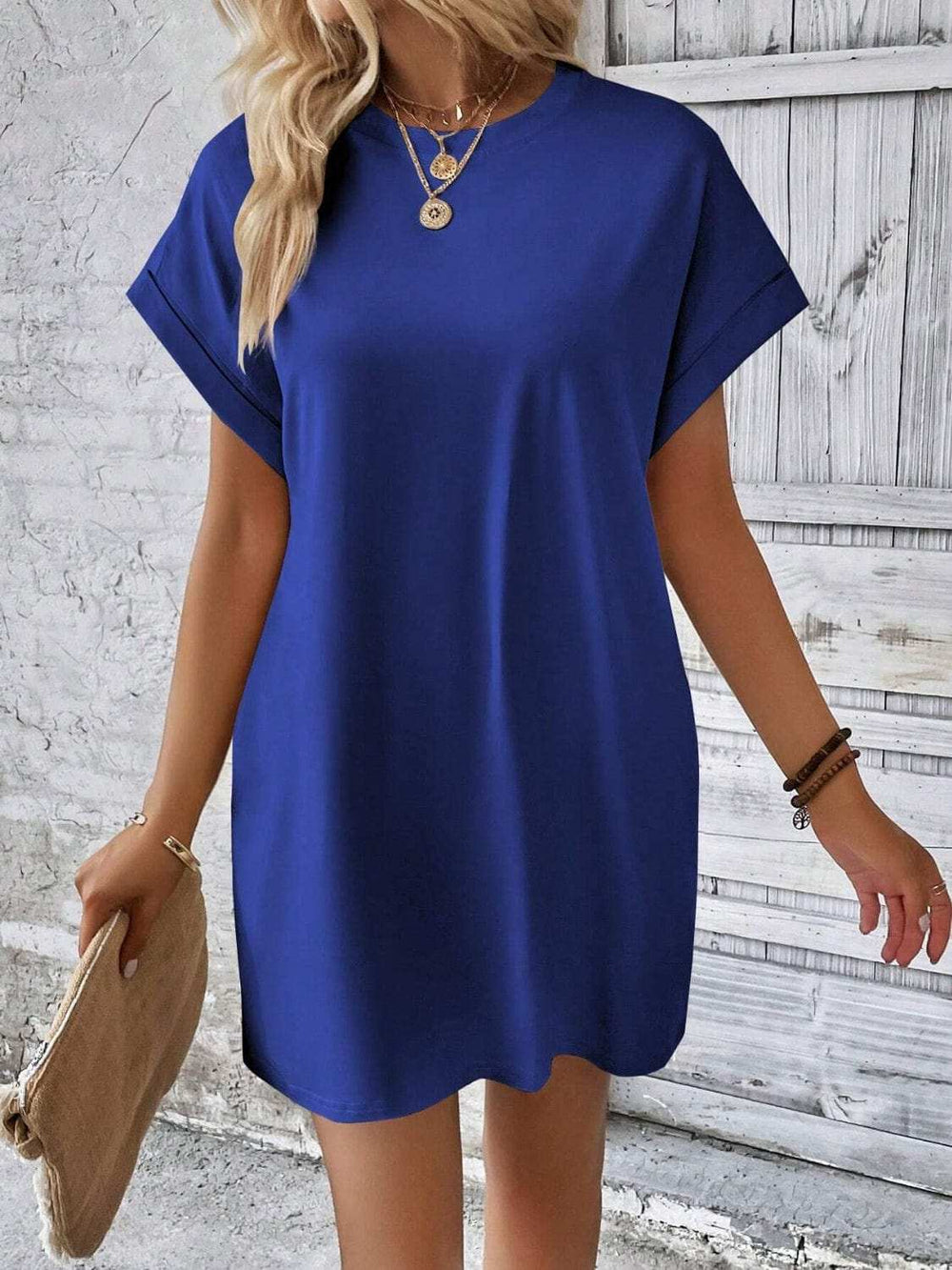 Round Neck Short Sleeve Mini Dress - Trendsi - Flyclothing LLC