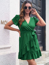 Tied Surplice Short Sleeve Dress - Trendsi - Flyclothing LLC