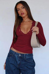 Lace Detail V-Neck Long Sleeve T-Shirt - Trendsi - Flyclothing LLC