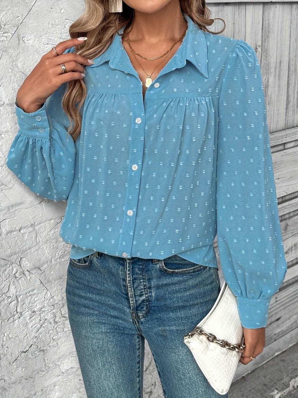 Full Size Swiss Dot Collared Neck Long Sleeve Shirt - Trendsi - Flyclothing LLC