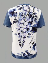 Denim Patchwork Short Sleeve Blouse - Trendsi - Flyclothing LLC