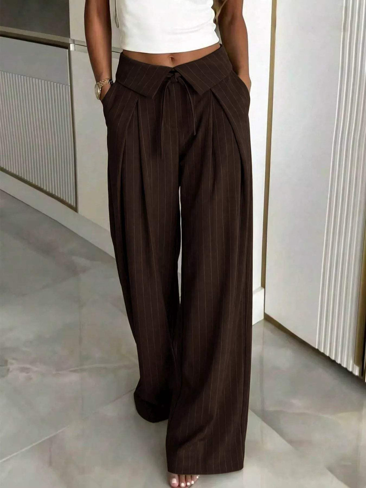 High-Waisted Wide-Leg Pinstripe Pants - Trendsi - Flyclothing LLC