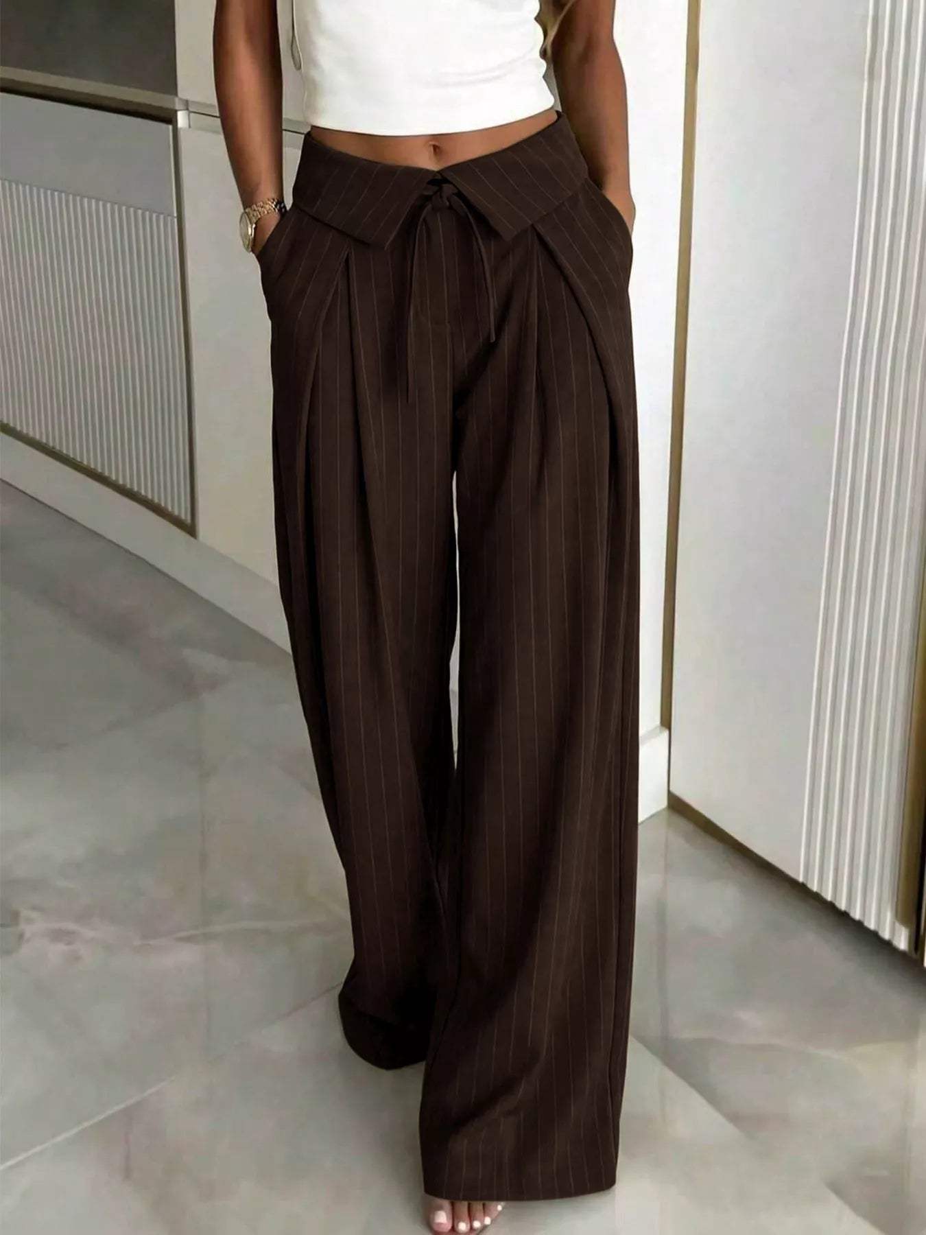 High-Waisted Wide-Leg Pinstripe Pants - Trendsi - Flyclothing LLC