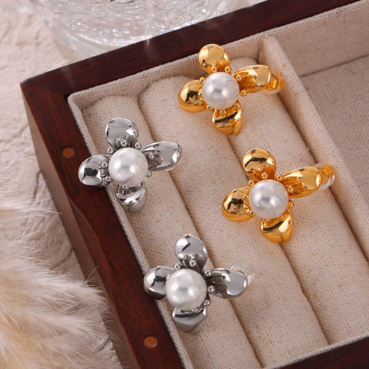 Synthetic Pearl Titanium Steel Flower Earrings - Trendsi - Flyclothing LLC