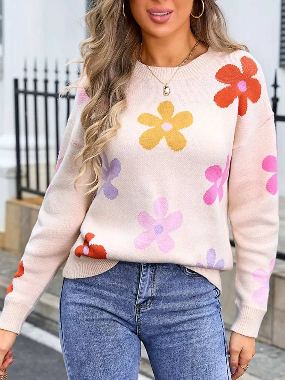 Flower Round Neck Long Sleeve Sweater - Trendsi - Flyclothing LLC