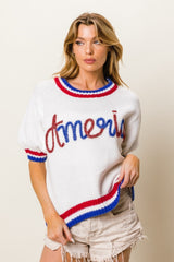 BiBi Metallic America Letter Short Sleeve Sweater - Trendsi