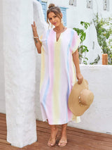 Slit Striped Notched Short Sleeve Cover Up - Trendsi - Flyclothing LLC
