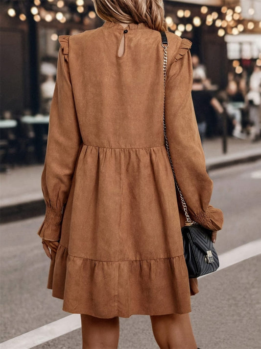 Frill Round Neck Long Sleeve Mini Dress - Trendsi