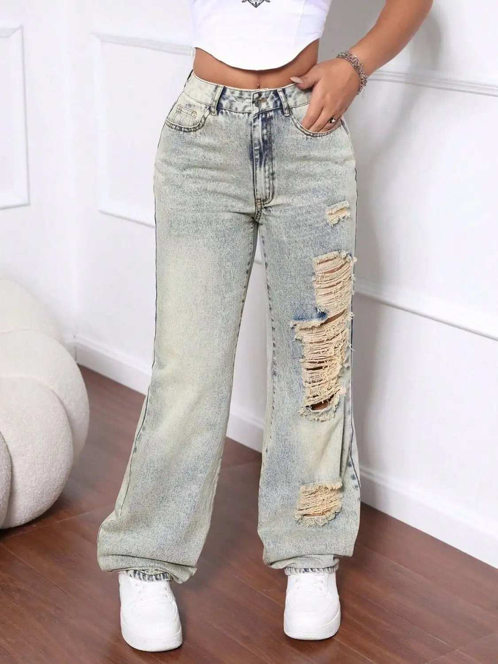 Distressed High Waist Jeans - Trendsi - Flyclothing LLC