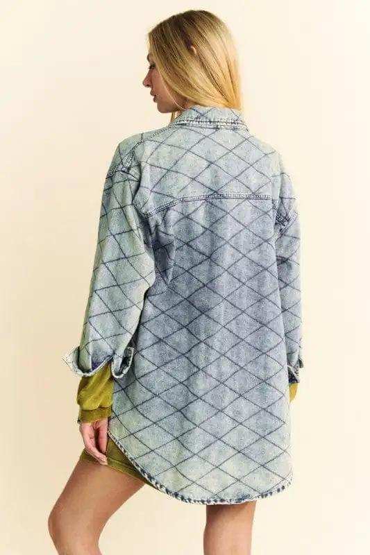 Davi & Dani Curved Hem Diamond Quilted Button Up Denim Shacket - Trendsi - Flyclothing LLC