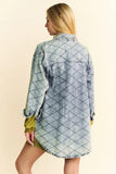 Davi & Dani Curved Hem Diamond Quilted Button Up Denim Shacket - Trendsi